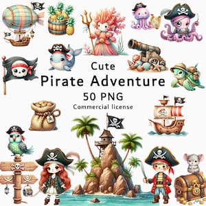 Cute Pirate Adventure Clipart Bundle PNG, Cute Pirate Graphics for Kids, Nautical Ocean Animals, Nautical Cartoon Elements, Commercial Use