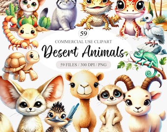 Watercolor Desert Animals Clipart: Kawaii PNG Bundle (Digital Download 59 PNGs)