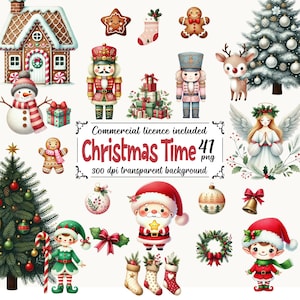 Christmas Time Clipart Bundle, Watercolor Christmas Clipart Bundle, Santa Claus Christmas Clipart, Ornaments, Reindeer, and Nutcracker PNG