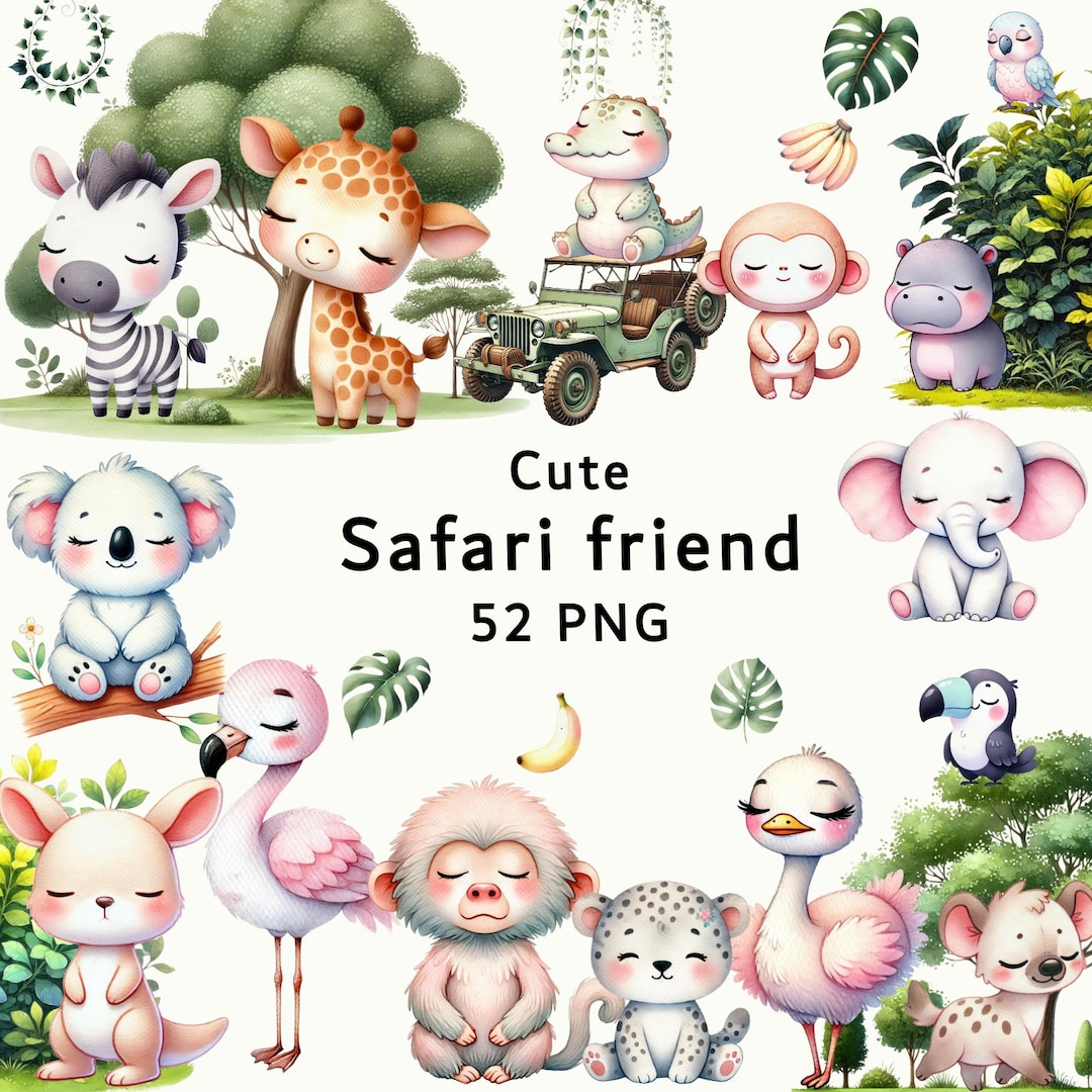 Cute Safari Animal Clipart, Safari Watercolor Clipart, Jungle Animal ...