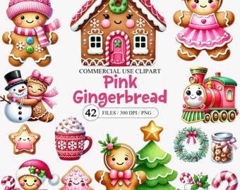 Pink Gingerbread Clipart Bundle, Pink Christmas Gingerbread PNG, Kawaii christmas cookie png, Gingerbread girl boy clipart, Pink Xmas Cookie