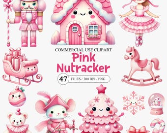 May include: A collection of pink watercolor illustrations featuring a nutcracker, a house, a ballerina, a rocking horse, a sleigh, a bear, a mouse, a Christmas tree, a snowflake, a snow globe, a gift box, and a candy cane. The text "Pink Nutcracker" is displayed.