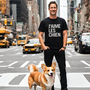 Elevate your love for dogs with our fashionable T-shirt collection, featuring J'Aime les Chiens, meaning I love dogs in French, available in a selection of stylish colours.