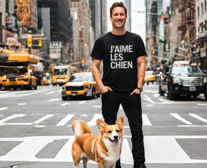 Elevate your love for dogs with our fashionable T-shirt collection, featuring J'Aime les Chiens, meaning I love dogs in French, available in a selection of stylish colours.