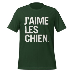 Elevate your love for dogs with our fashionable T-shirt collection, featuring J'Aime les Chiens, meaning I love dogs in French, available in a selection of stylish colours.