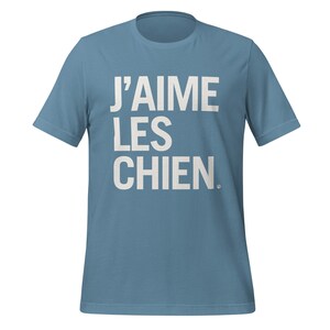 Elevate your love for dogs with our fashionable T-shirt collection, featuring J'Aime les Chiens, meaning I love dogs in French, available in a selection of stylish colours.