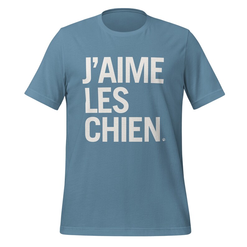 Elevate your love for dogs with our fashionable T-shirt collection, featuring J'Aime les Chiens, meaning I love dogs in French, available in a selection of stylish colours.