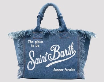 Borsa a tracolla per le vacanze estive in rafia di Saint Barth in rafia Denim