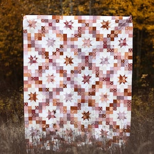 Op de afbeelding: Een handgemaakte quilt met een sterrenpatroon in tinten wit, roze en bruin. De quilt heeft een patchwork ontwerp met vierkanten en stervormen. De achtergrond is een wazig zicht op een veld en bomen.
