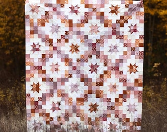 May include: A handmade quilt with a star pattern in shades of white, pink, and brown. The quilt features a patchwork design with squares and star shapes. The background is a blurred view of a field and trees.