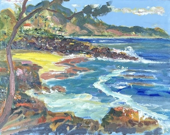 Pintura al óleo de paisaje marino hawaiano: olas del océano tropical sobre lienzo