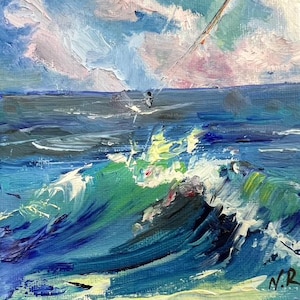 Tropical beach wall art green blue oil painting original on canvas beach Hawaii seascape mountains landscape ocean waves