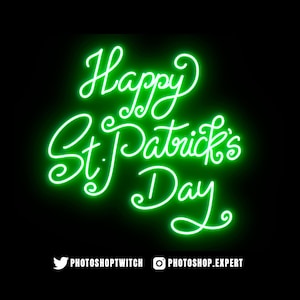May include: Green neon sign with the text "Happy St. Patrick's Day" on a black background.