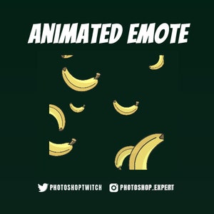 Puede incluir: Emoticono animado con un fondo verde y varias bananas amarillas que caen desde la parte superior de la imagen. El texto "ANIMATED EMOTE" está en la parte superior de la imagen en letras blancas. El texto "PHOTOSHOPTWITCH" y "PHOTOSHOP_EXPERT" están en la parte inferior de la imagen en letras blancas.