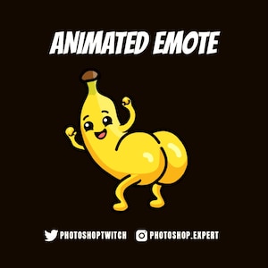 May include: A yellow cartoon banana character with a smiling face and flexed arms, set against a black background. The text ANIMATED EMOTE appears at the top, with PHOTOSHOPTWITCH and PHOTOSHOP.EXPERT displayed at the bottom with social media icons.
