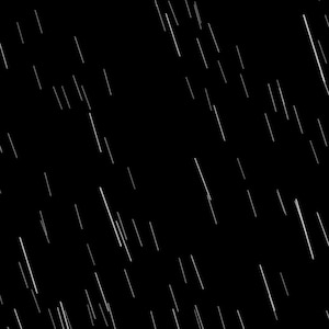 Op de afbeelding: Een abstracte digitale illustratie van vallende regen. Witte, parallelle lijnen van verschillende lengtes en diktes zijn geplaatst tegen een zwarte achtergrond. De lijnen zijn schuin, wat een gevoel van beweging en een dynamisch beeld creëert.