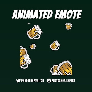 May include: Animated GIF of a beer mug with foam on top, against a dark green background. The mug is animated to bounce and spin. The text "ANIMATED EMOTE" is at the top of the image. The text "PHOTOSHOPTWITCH" and "PHOTOSHOP_EXPERT" are at the bottom of the image.