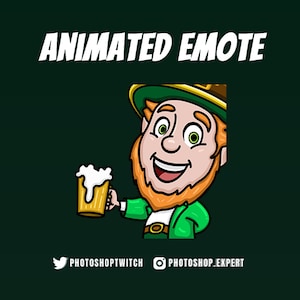 May include: Animated cartoon emote of a smiling leprechaun wearing a green hat and holding a glass of beer.