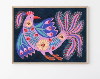 Folk Art Bird Print: Naive Style, Whimsical Wall Decor