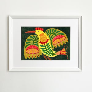 Bird and flowers folk art print, Original art painting, primitive painting, naive art, rustic folk art, art print, whimsical art, bird print