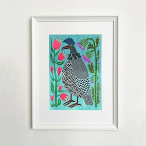 Folk Art Bird and Flowers Print: Vintage Illustration