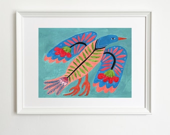 Vogel und Blumen Folk Art Print: Originelle primitive Malerei
