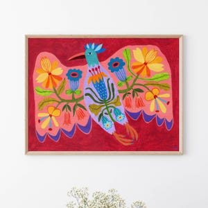 Bird and flowers folk art original painting, folk art hand painted, primitive painting, naive art, rustic folk art, acrylic painting.