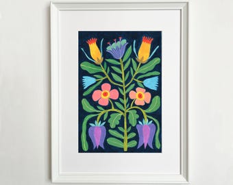Volkskunst bloemenschilderij, rustieke bloemen muurkunst