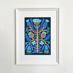 Folk Art Floral Print: Blue Flower Illustration, Kitchen Wall Decor