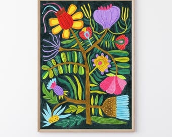 Whimsical Floral Art Print: Folk Art Flowers Illustration