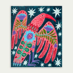 Folk art bird and flowers original painting, folk art hand painted, primitive painting, naive art, rustic folk art, acrylic painting.