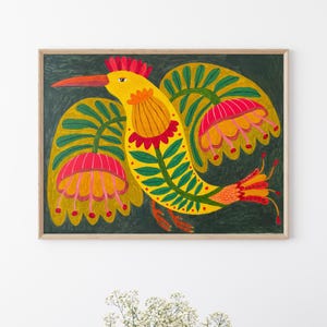 Bird and flowers folk art original painting, folk art hand painted, primitive painting, naive art, rustic folk art, acrylic painting.