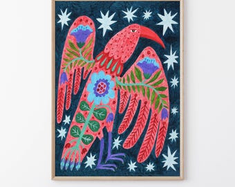 Folk Art Bird Print: Scandinavian Floral Painting