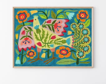Folk Art Bird Print: Naive Style, Whimsical Wall Decor