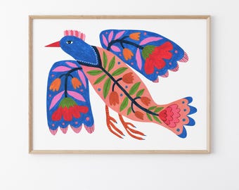 Impressão de pássaro de arte popular: pintura floral caprichosa