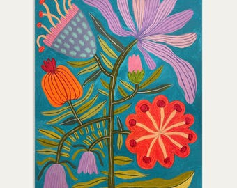 Original Folk Art Flower Painting, Rustic Wall Decor