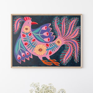 Folk Art Bird Painting: Naive Style Acrylic on Paper (30x40cm)