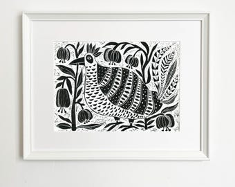 フォークアート鳥リノカット版画：ナイーブアート（30 x 42 cm）