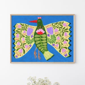 Bird and flowers folk art original painting, folk art hand painted, primitive painting, naive art, rustic folk art, acrylic painting.