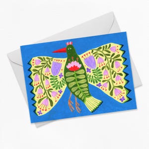Greeting card folk art bird and flowers, Folk art Bird, cute bird greeting card, whimsical folk art, blue bird, floral birthday card, green.