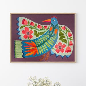 Bird and flowers folk art original painting, folk art hand painted, primitive painting, naive art, rustic folk art, acrylic painting.
