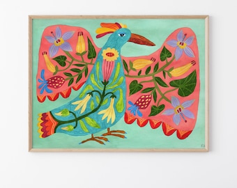 Folk Art Bird Print: Naive Style, Whimsical Wall Decor