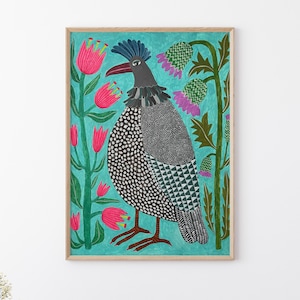 Bird and flowers folk art original painting, folk art hand painted, primitive painting, naive art, rustic folk art, acrylic painting.