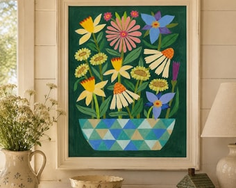 Folk Art Floral Print: Whimsical flowers Illustration.