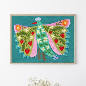 Bird and flowers folk art original painting, folk art hand painted, primitive painting, naive art, rustic folk art, acrylic painting.