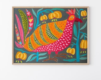 Bird and Flower Folk Art Print: Whimsical Rustic Painting