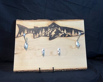 fish woodburned coat key rack