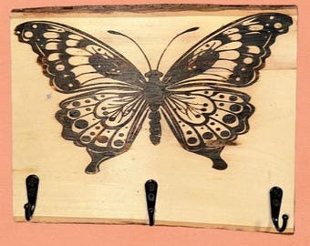 Woodburned Butterfly key and light coatrack