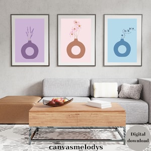 Conjunto de impresión digital floral: 3 piezas de arte mural con flores en jarrones coloridos, póster digital bohemio, descarga instantánea, alta resolución