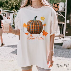 May include: A white t-shirt with a plaid pumpkin and fall leaves printed on the front. The text "Fall Vibes" is printed below the pumpkin.